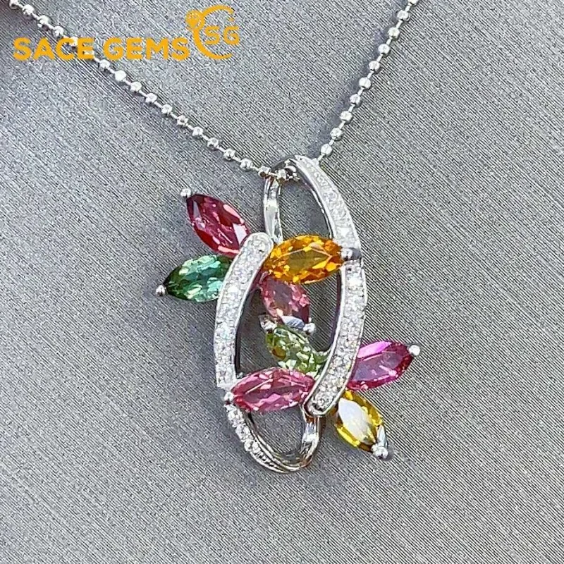 

SACGEMS New Trend 925 Sterling Silver 3*6MM Natual Tourmaline Pendant Necklaces for Womne Engagement Cocktail Party Fine Jewelry