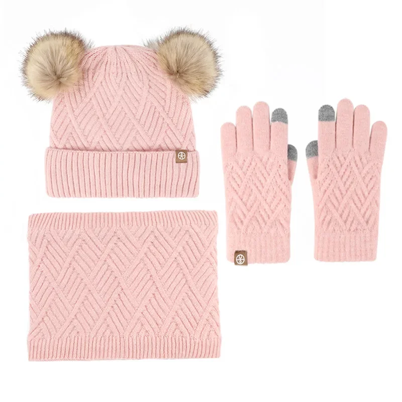 3Pcs Winter Child Hat Scarf Gloves Set Solid Color Boy Girl Cute Pompom Knitted Hats Plus Velvet Outdoor Warm