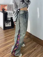 American Sle fermeture éclair Plaid imprimé Patchwork jean ample pour hommes et femmes mode taille haute décontracté Vintage jean droit 2