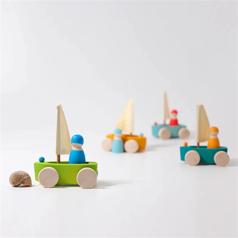 sailboat木製のおもちゃ小さなランドのヨットと悪魔のような人形小さな世界を開いた再生子供ウォルドルフ教育木製のおもちゃ