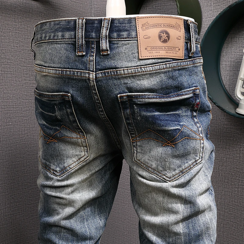Newly Fashion Vintage Men Jeans High Quality Retro Blue Elastic Slim Ripped Jeans Men Long Trousers Designer Denim Pants Hombre