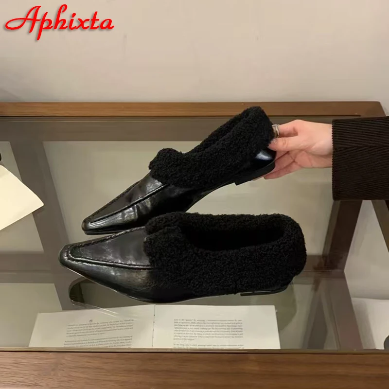Aphixta Soft Furry Loafers Warm Flat With Women Shoes Slip On Sewing Casual Pointed Toe Flats Short Plush Autumn Winter Loafers