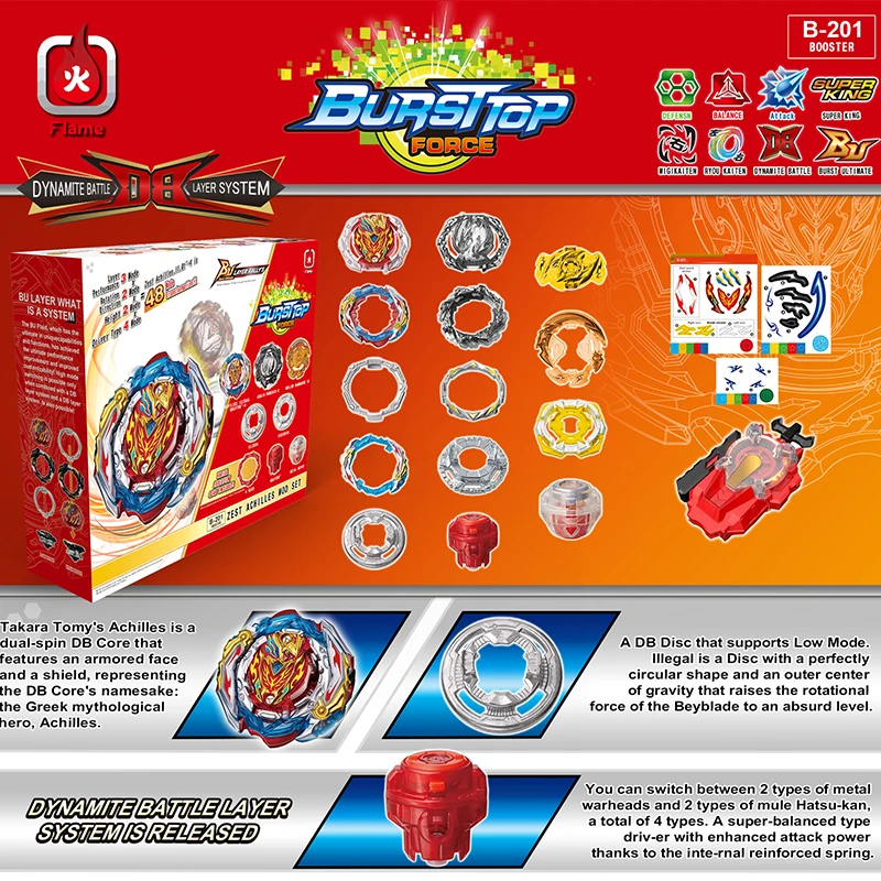 Dynamite Battle Bey Set B-201 Zest Achilles Customize Set Booster B201 Spinning Top with Custom Launcher Kids Toys for Boys Gift