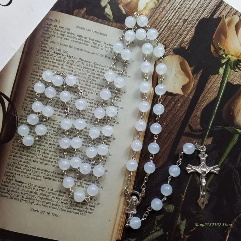 Acrylic White Luminous Rosary Necklace Christmas Party Baby Shower catholic rosary necklace