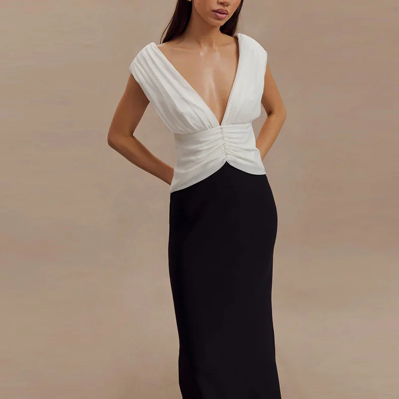 Vestido elegante sin mangas con escote en V profundo y patchwork para mujer, vestido plisado sin espalda, ajustado, para fiesta de verano 2025, para mujer, de noche.