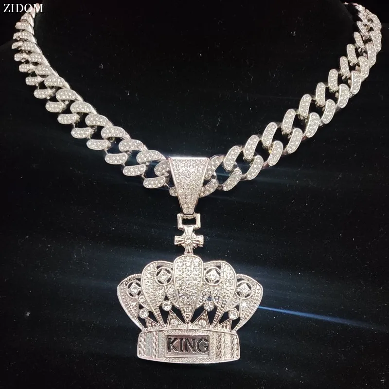 Men Women Hip Hop Crown Pendant Necklace Cuban Chain Hiphop Iced