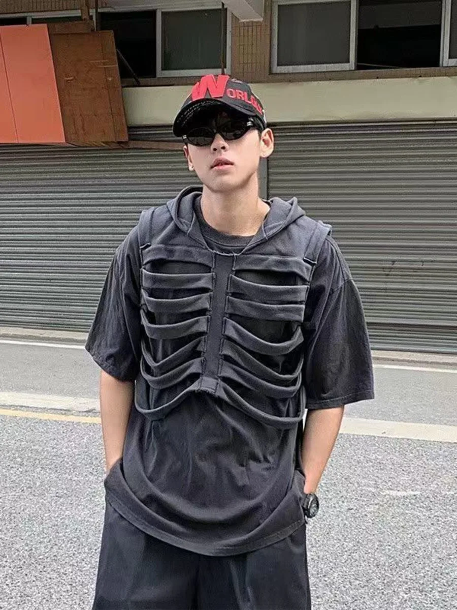 Skull Design Skeleton Hollow Hooded Vest Men Women Thin Line