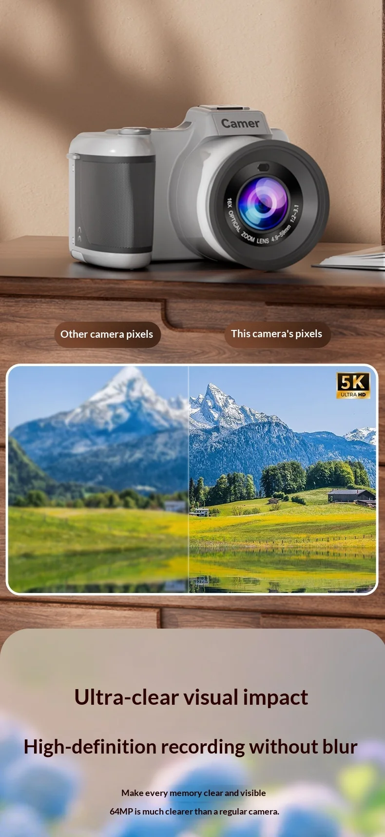 Camer 5K HD DSLR Digital Camera 64MP CCD With 16X Optical Zoom Lens AF Auto Focus Portable Video Recorder For Students Beginners