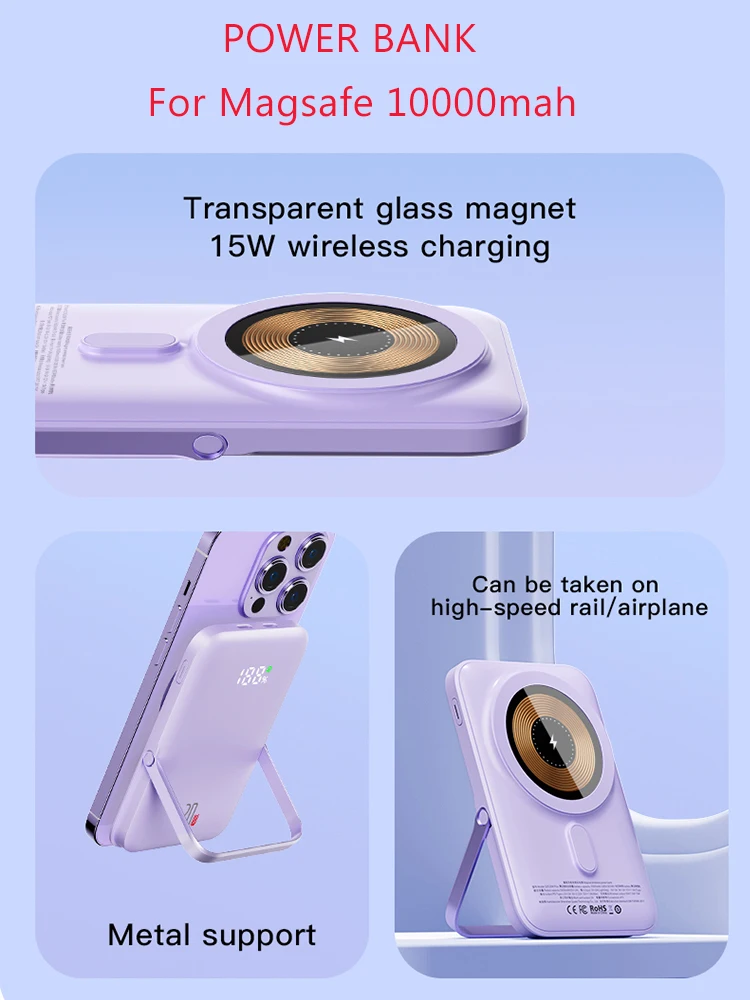 Travel 10000mAh Powerbank For Magsafe Wireless Charger Power Banks Fast Charge External Battery With Bracket For iPhone 15 14 13 6