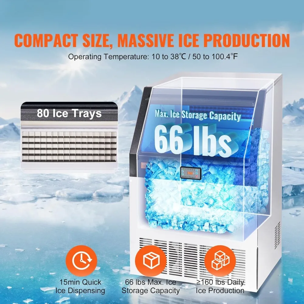Commercial ice maker, 160 pounds/24 hours, ice maker,80 cubes in 12-15 minutes, 6-pound storage capacity LED digital display