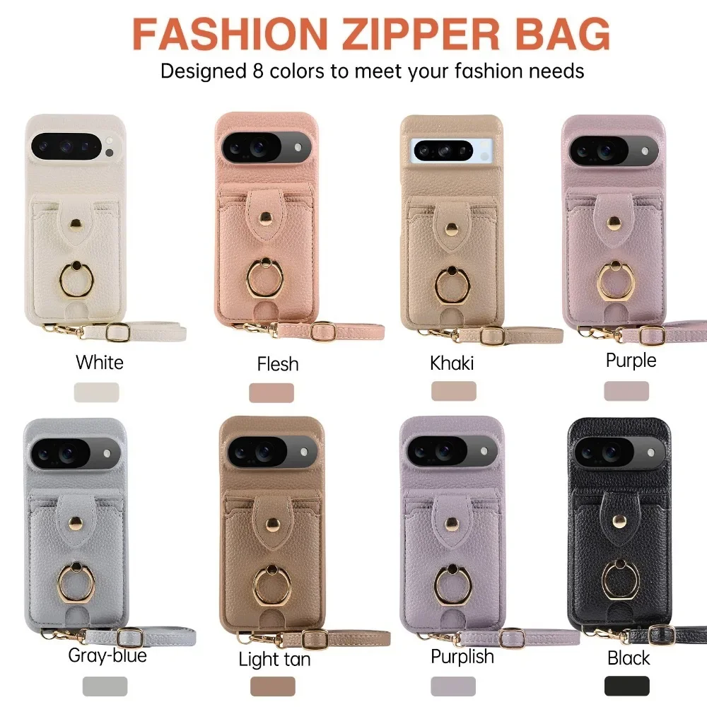 Dual-Function Leather Phone Case with Crossbody Ring and Mirror Wallet