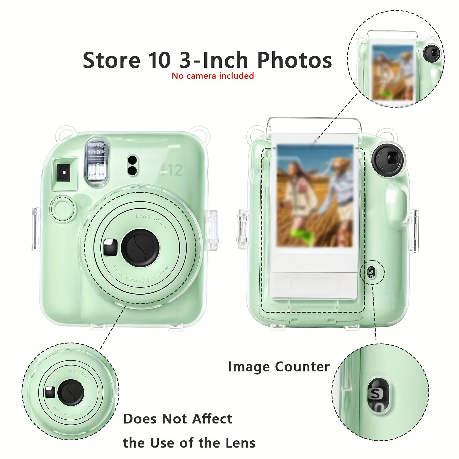 1 Set for instax Mini 12 Camera Hard Case with Photo Storage Pouch and Shoulder Strap-Camera Not Included