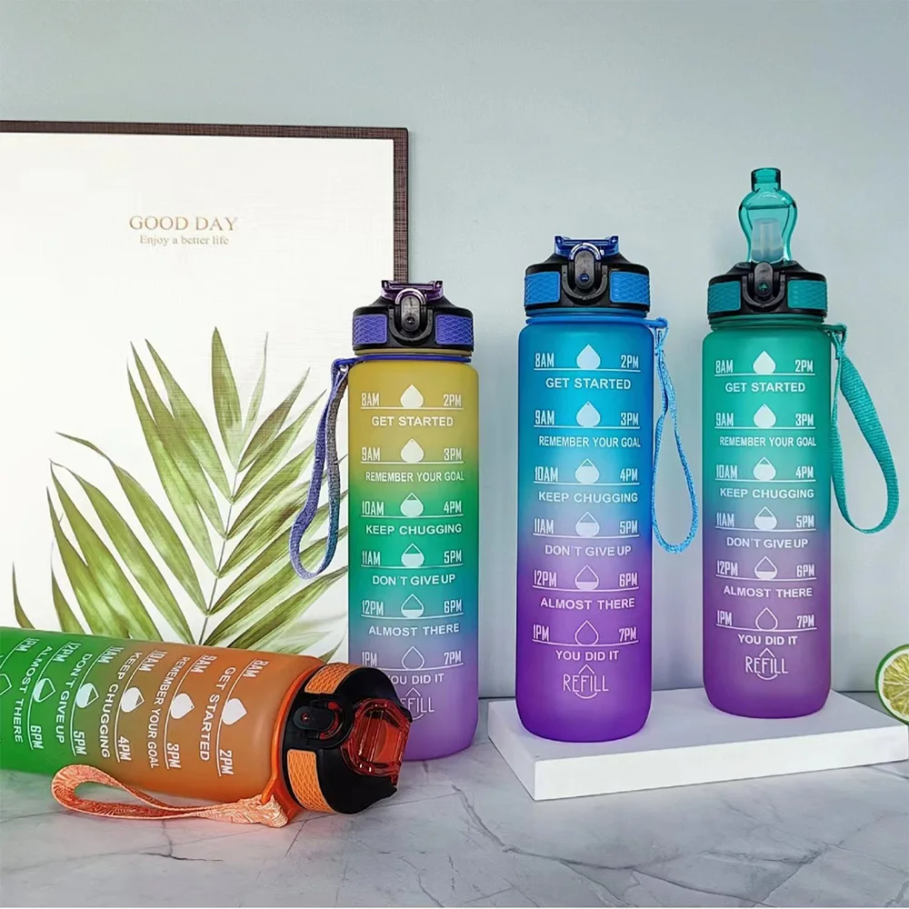 Sports Water Bottle 1L with Time Marker Gradient Color Motivational Leakproof Portable For Outdoor Travel Gym Fitness Office