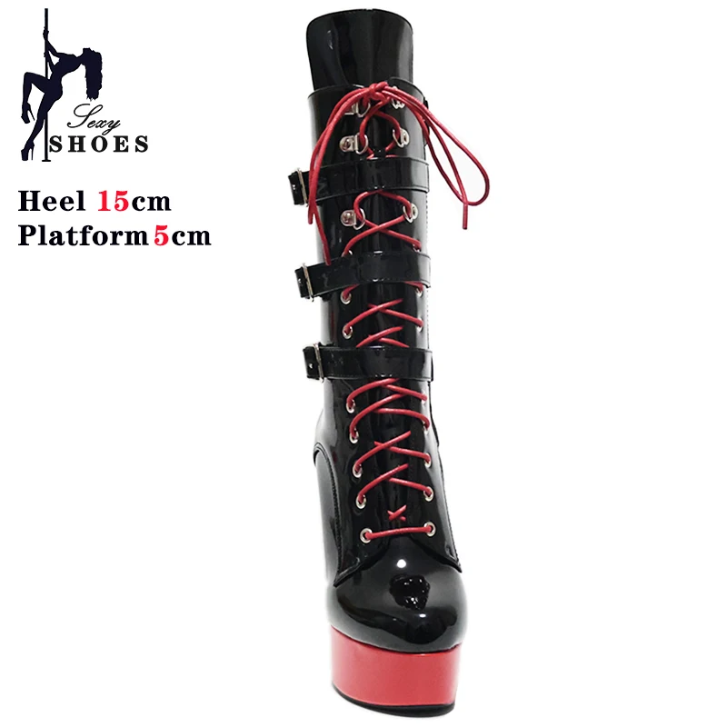 Women Heels Round Toe Red Platform Side Zipper Thin Heel Short Boots Fashion Belt Buckle Platform  Lady Booties Big Size 35~44