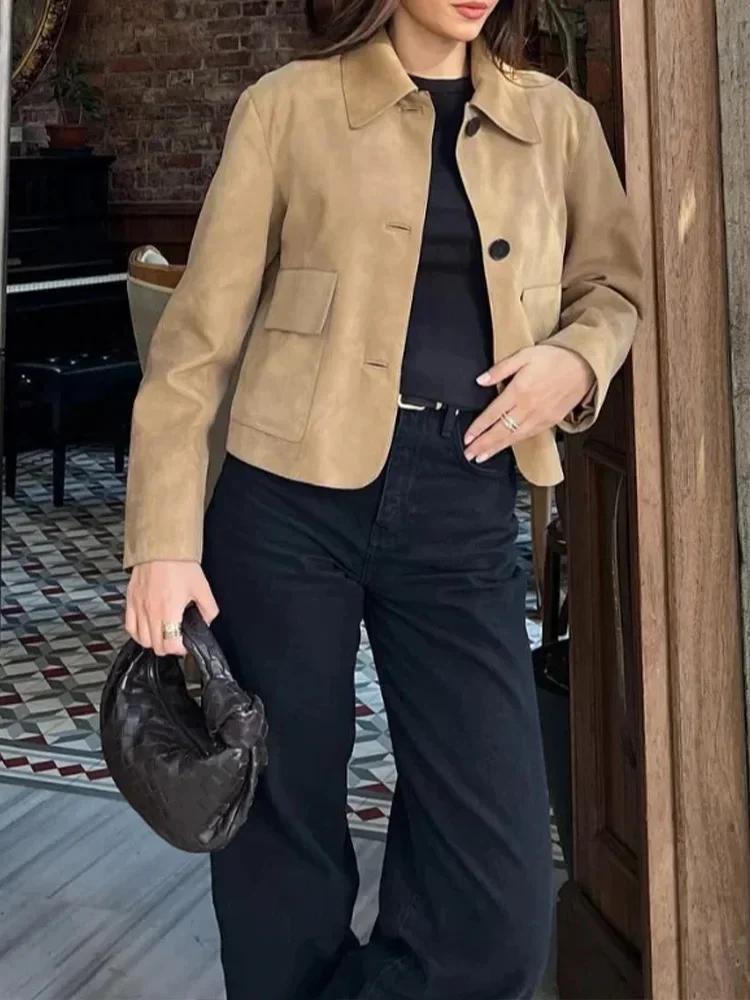 2024 Autumn Lady New Streetwear Fashion Suede Leather Long Sleeve Cropped Jacket Women Casual Lapel Single Breasted Pockets Coat - Image 2