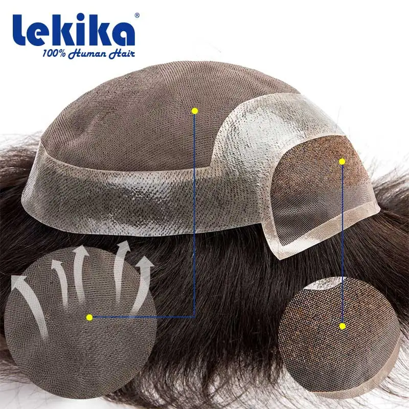 Human hair toupee Virgin Hair Toupee For Men HD Swiss Lace With Thin Skin PU Mono Top Male Hair Durable Prosthesis 6
