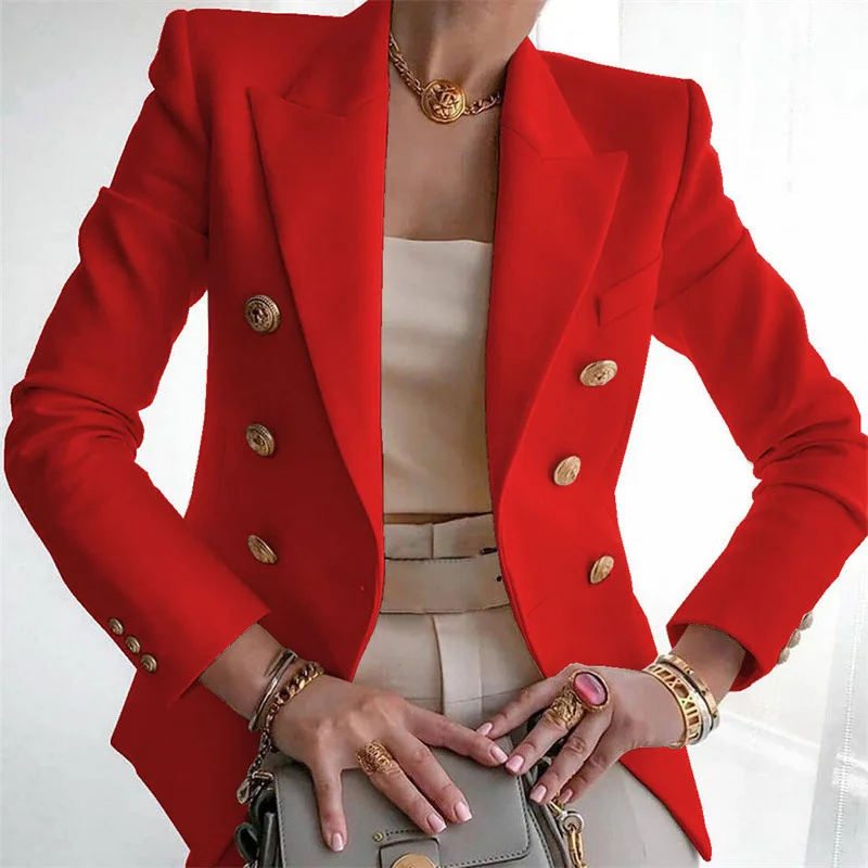 Women's Autumn Blazers New Solid Fashion Casual Suit Short Jacket Golden Button Lady Suit Comfortable Commuting Long-sleeved Top - 2