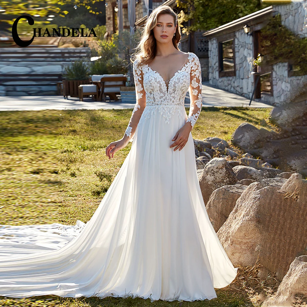 

CHANDELA Delicate Long Sleeves Wedding Dresses Chiffon V-Neck Appliques A-Line Court Train Personalised Vestido De Casamento