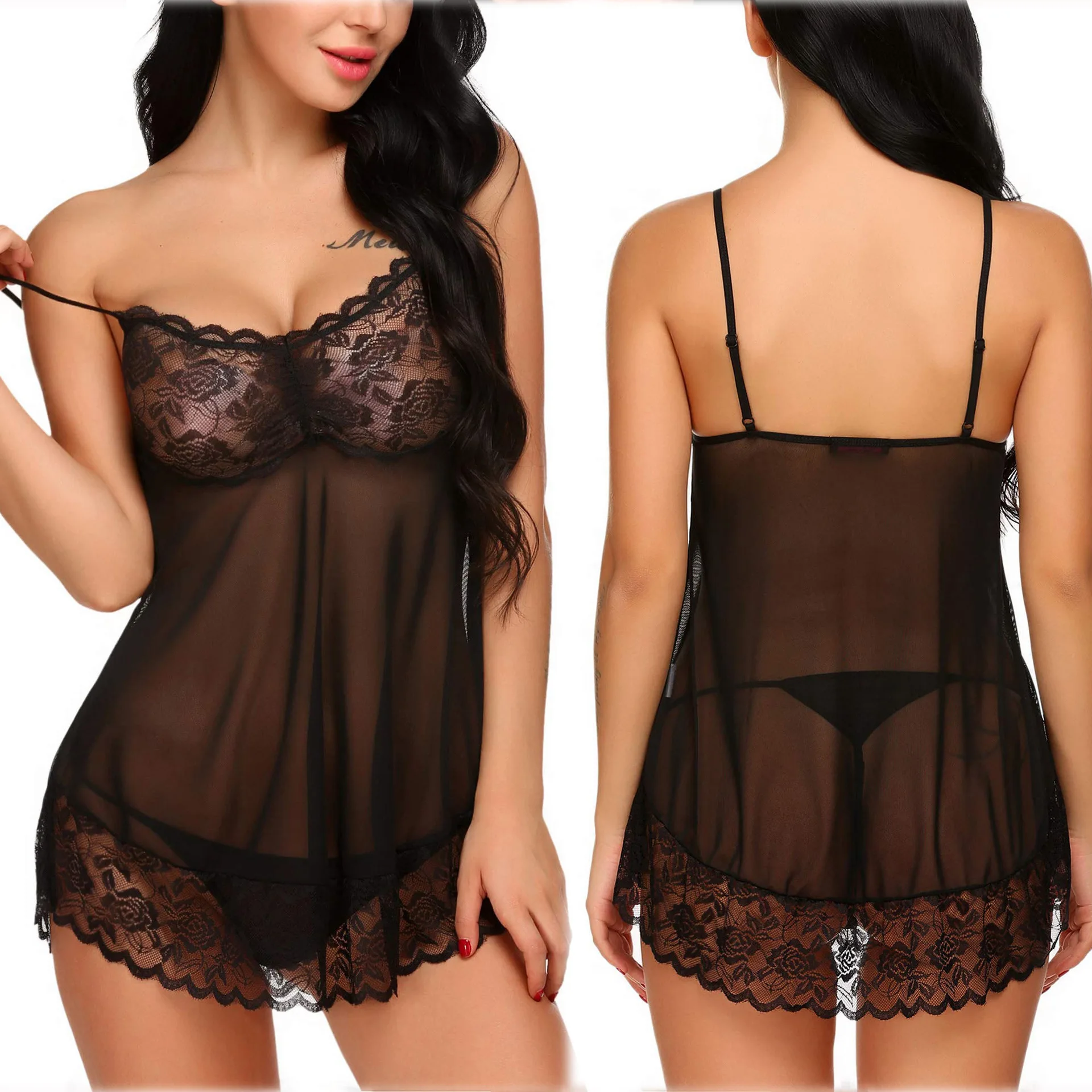 Women Lingerie Women Nightdresses Women Sexy Lace Nightie Sleepwear Deep-V Night Sleeping Nightgown Lingerie Girl Slip Dress Female Transparent Thin Nightdress