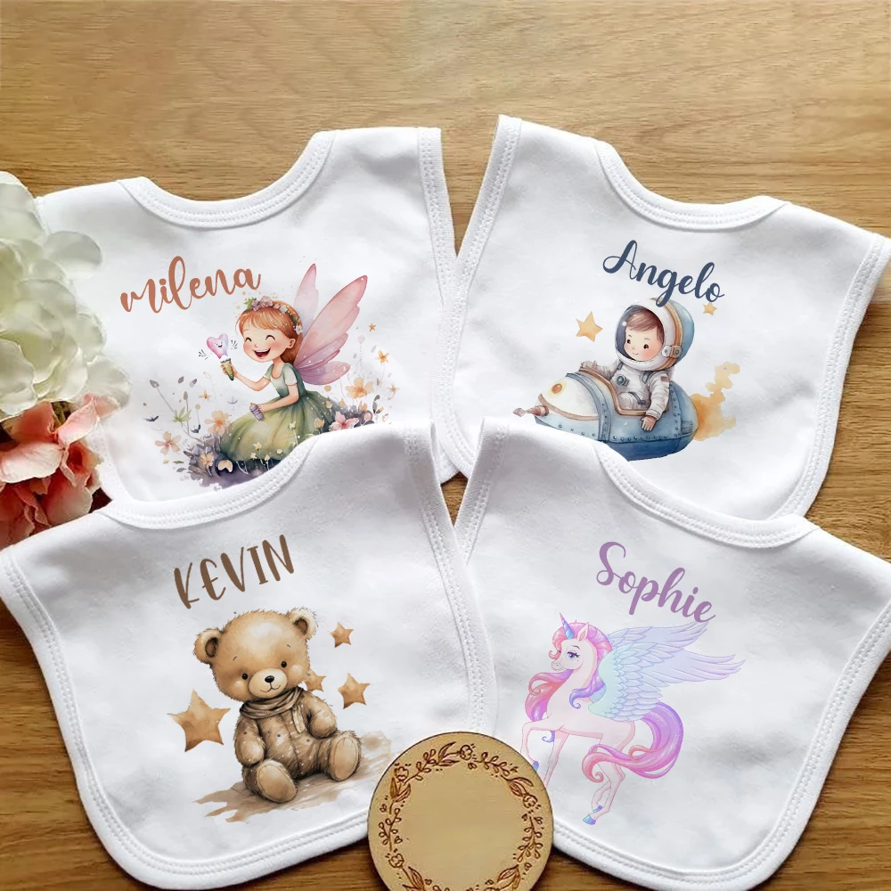 Saliva Towel Baby Bib Feeding Bib Cotton Bib Cotton Bib Set Personalized Baby Bibs Name Boy Girl Cotton Bib Unicorn Bear Fairy Print Newborn Saliva Towel Infant Birthday Shower Gift