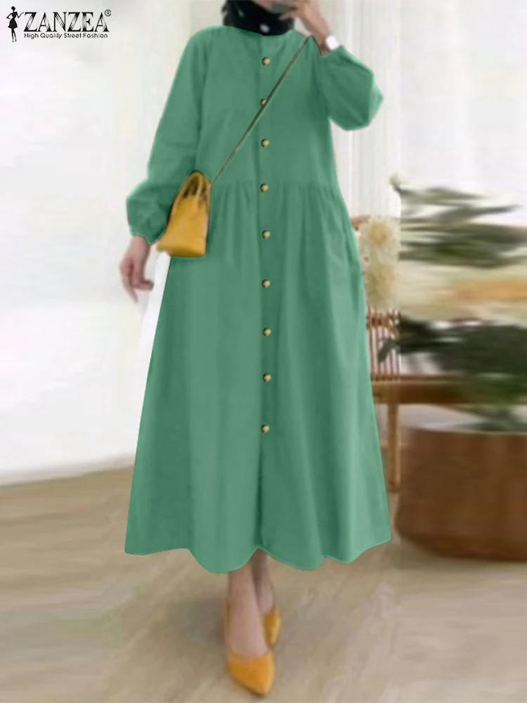 

ZANZEA Fashion Dubai Muslim Dress O Neck Long Sleeve Vestidos Woman Elegant Solid Sundress Female Vintage Party Robe Oversized