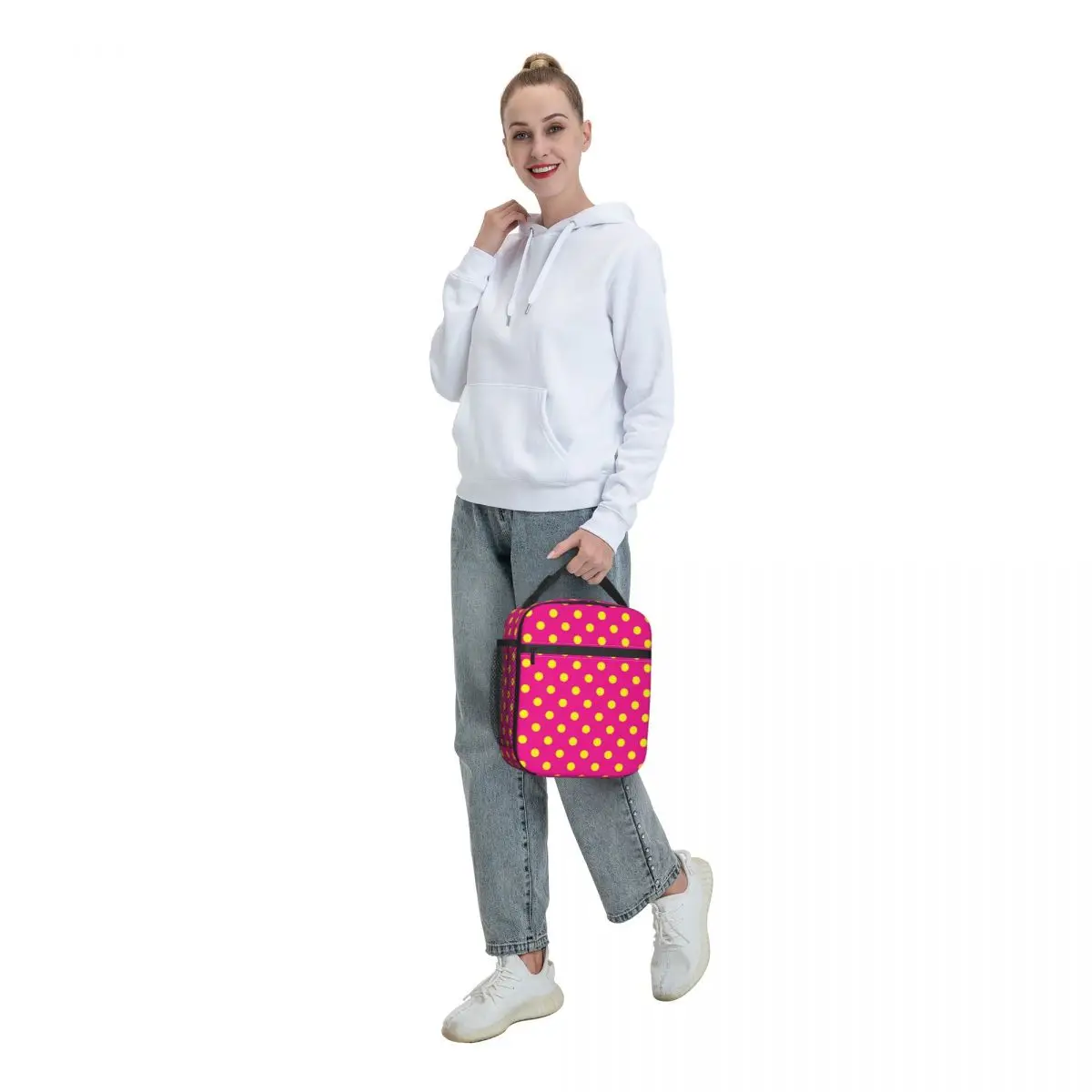 Yellow And Pink Polka Dot Insulated Lunch Bag for Women Leakproof Cooler Thermal Bento Box Kids School Children
