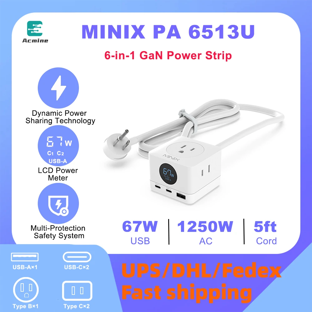 Minix Pa6513U Caricabatterie Da Tavolo 6 In 1 Us Gan Power Strip Per Viaggi In Ufficio A Casa