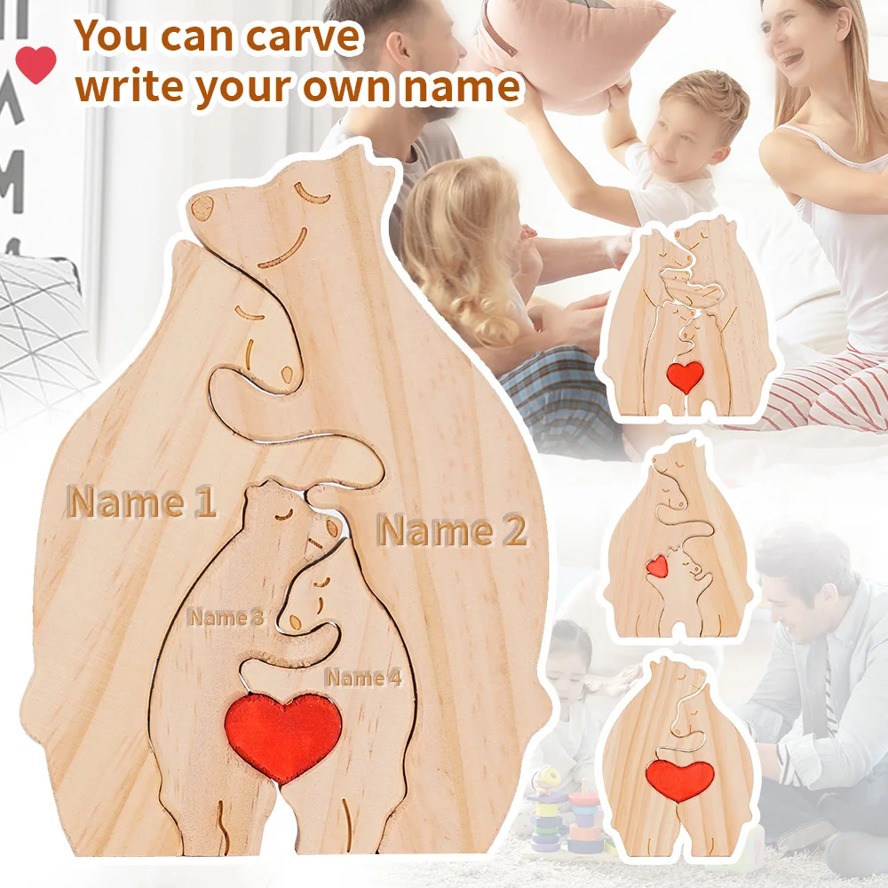 

Wooden Love Bear Family Statue DIY Puzzle Kit Handicraft Home Ornament Desktop Decor for Birthday Mother's Day Father's Day Gift