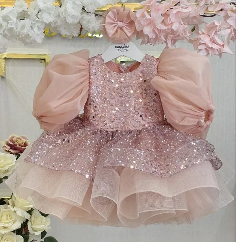 

Высококачественные платья для первого дня рождения, детское вечернее бальное платье, розовое платье с блестками и бантом для девочек, пышное платье, Тюлевое платье с цветами для девочек