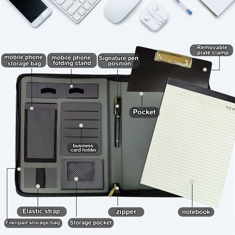 Leather Folder Office Padfolio Portfolio Padfolio Folder for Documents Organizer with Clipboard 16G U Disk & Notepad PU Leather Business Briefcase