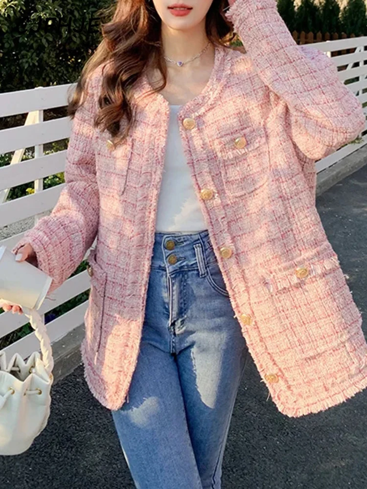 

CJFHJE Sweet Spring Autumn Long Sleeve Tweed Suit Coats Female Casual Pink Elegant Lady Blazers Button Loose O-neck Women Jacket