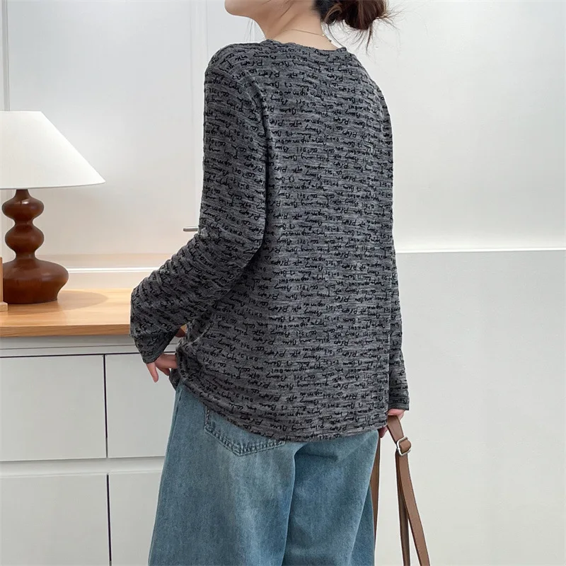 XXXXL Fashion Plus Size Women's T-Shirt 2025 Autumn New Round Neck Jacquard Stripe Long Sleeved Base Top 8068