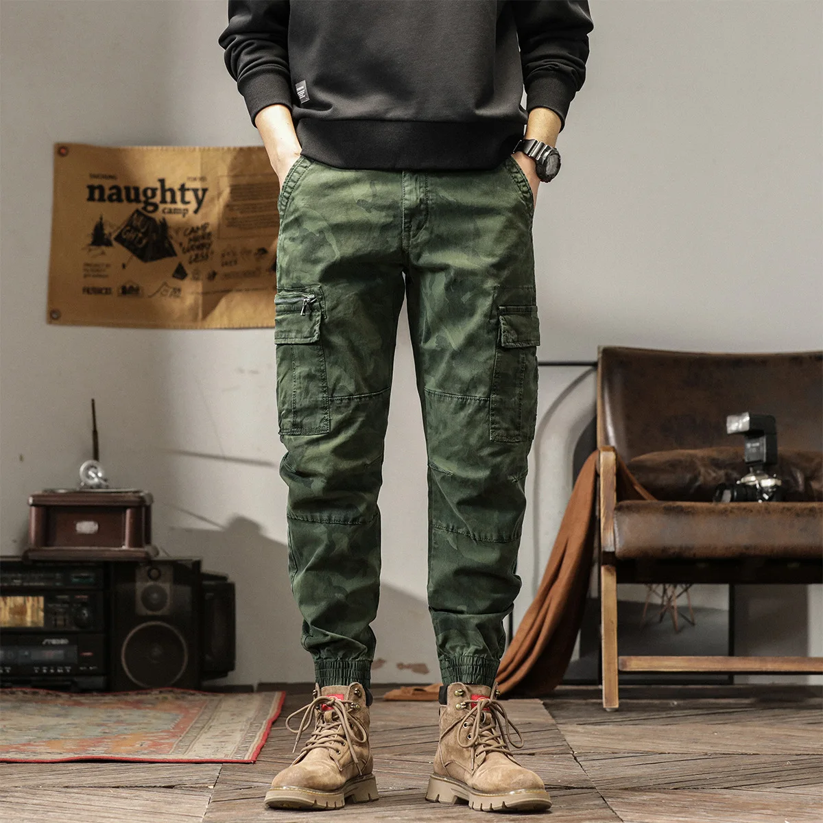 Elmsk Men's Spring and Autumn New Heavyweight Camouflage Workwear Pants Trendy Brand Retro Loose Multi Pocket Harlan Sports Larg