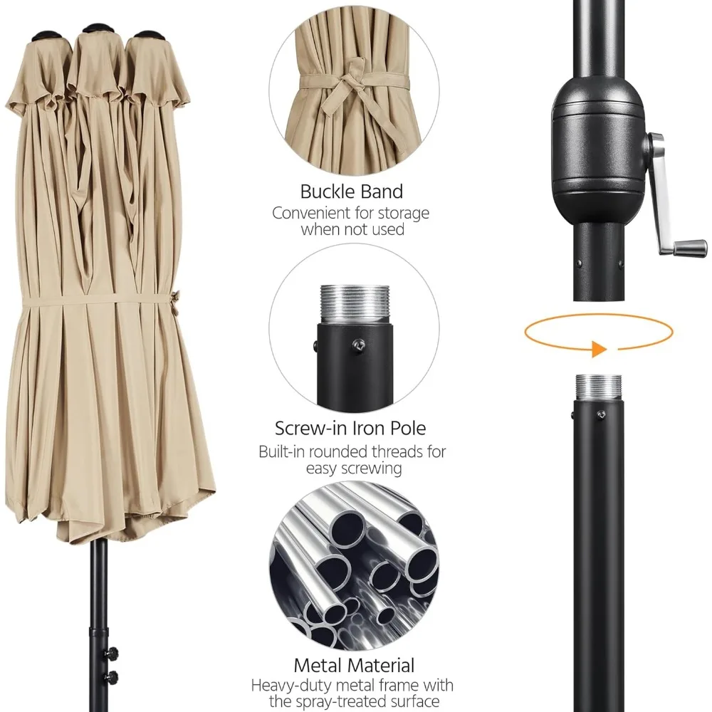 15 ft Large Patio Umbrella, Solar Lights Double-Sided Outdoor Rectangle Market Umbrellas with 36 LED Lights/Base Included/Crank 4