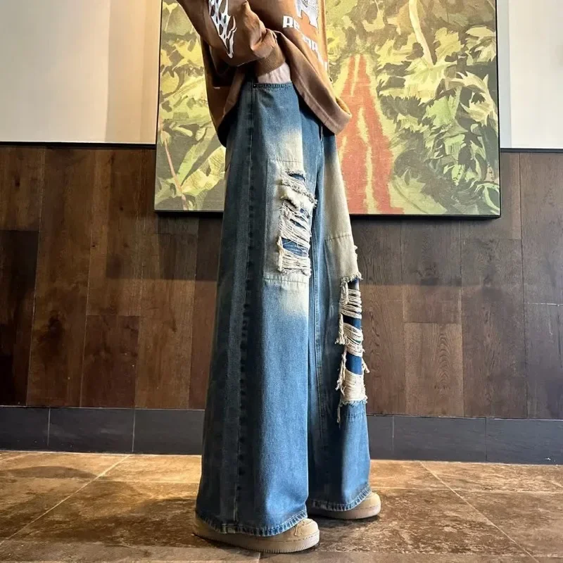 American High Street Style Retro Distressed Jeans Washed and Distressed Wide Leg Loose Leg Straight Leg Pants