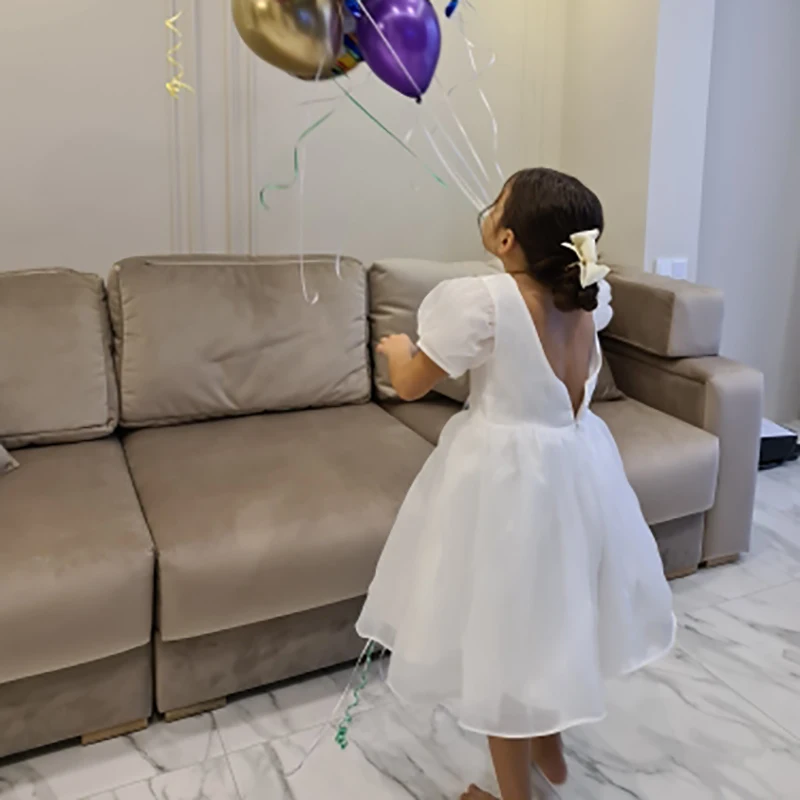 Girls Dress Princess Costume Kids Clothes Flower Girls White Dresses for Wedding Backless Elegant Kids Birthday Party Gala Dress Puff Sleeve Children Communion Costume