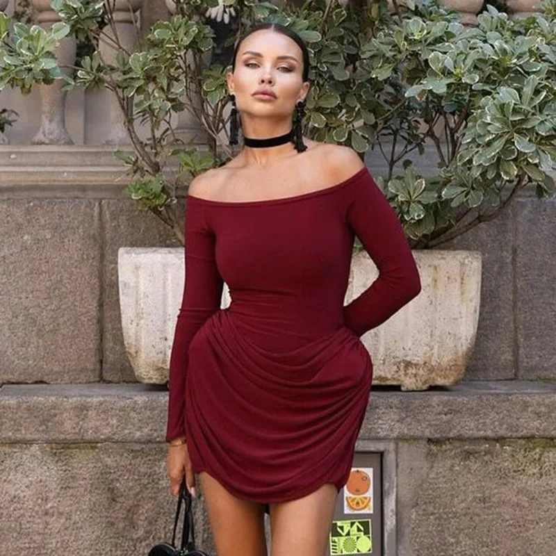 Sexy Pleated Fashion Mini Dress Women's Off-Shoulder High Waist Elegant Long Sleeve Party Dress Female Solid Bodycon Dress