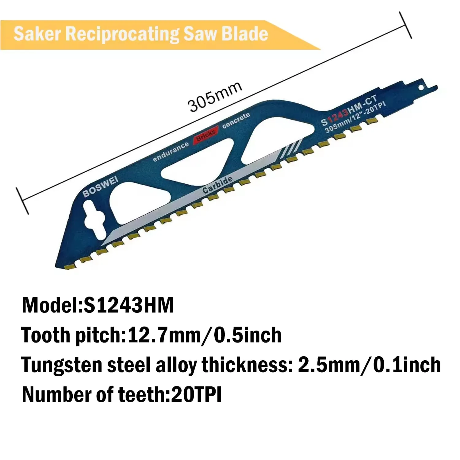 1pc 12in Demolition Masonry Reciprocating Saw Blade-Hard Alloy Blade for Cutting Brick, Wood, Metal, PVC Tube, Porous Concrete reciprocating saw blades