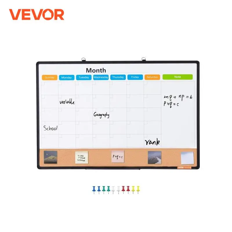 VEVOR Monthly Calendar Whiteboard and Cork Board Combo with Aluminum Frame Magnetic Dry Erase Bulletin Board for School Office