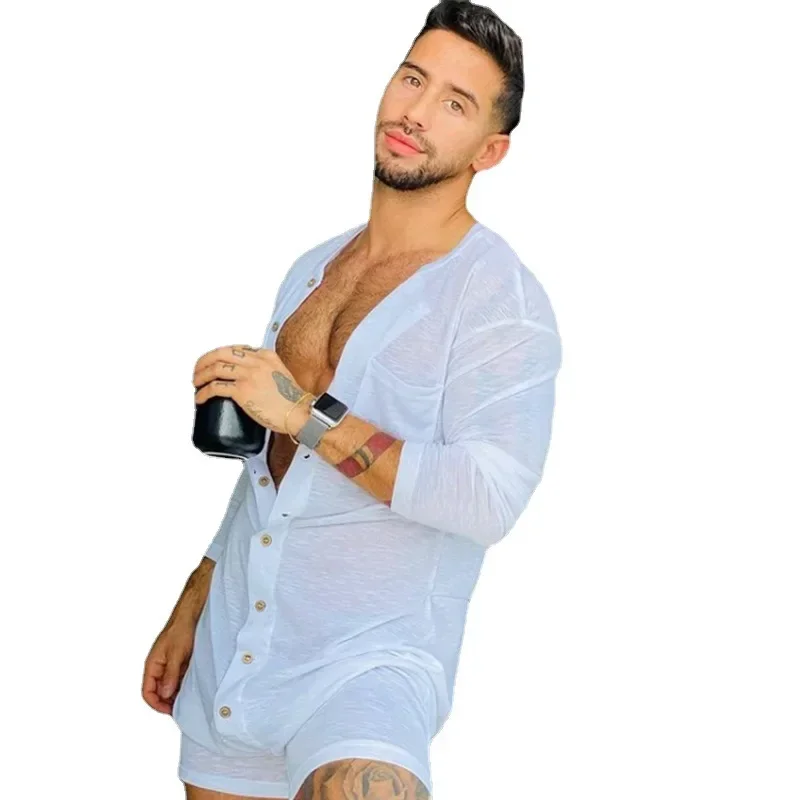 Men Adult Onesies Solid Color Tight Jumpsuit Homewear Clothes Long Sleeve Sexy Short Mens Jumpsuit Onsies Pajamas