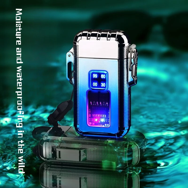 

Metal Windproof LED Power Display Direct-flush Blue Flame Double Arc Pulse Lighter Outdoor Waterproof Creative Flameless Lighter