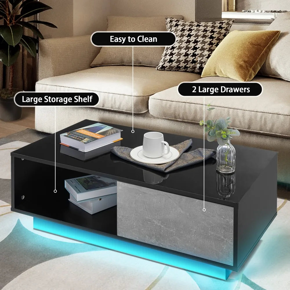 LED Coffee Table Modern Side Tables High Gloss Black Cocktail Table with 2 Drawers Open Shelf for Living Room 6