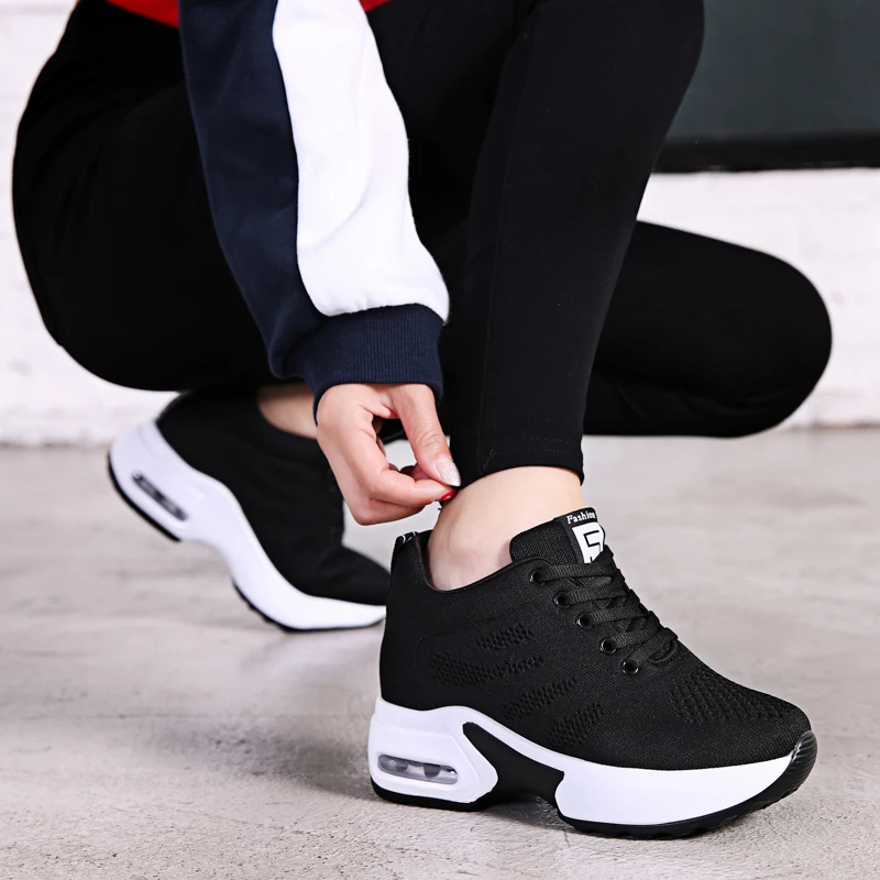 Invisible Inner Heightening Sports Shoes WOMEN'S New Thick Bottom Slope Single Shoes Mesh Breathable Shoes Joker Ladies and Stud