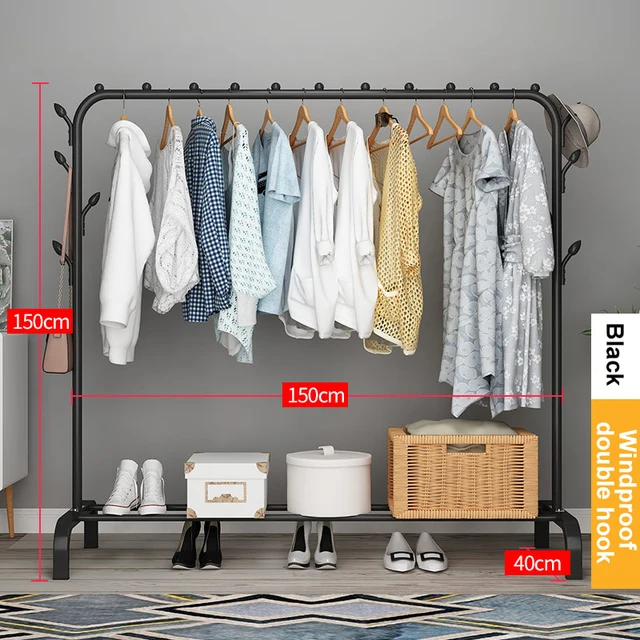 Garment Rack Free-standing Clothes Rack with Top Rod,Coat Rack Clothes, Hanger Wardrobe ,Clothes for Rack Lower Storage B-WoodproofHook150cm