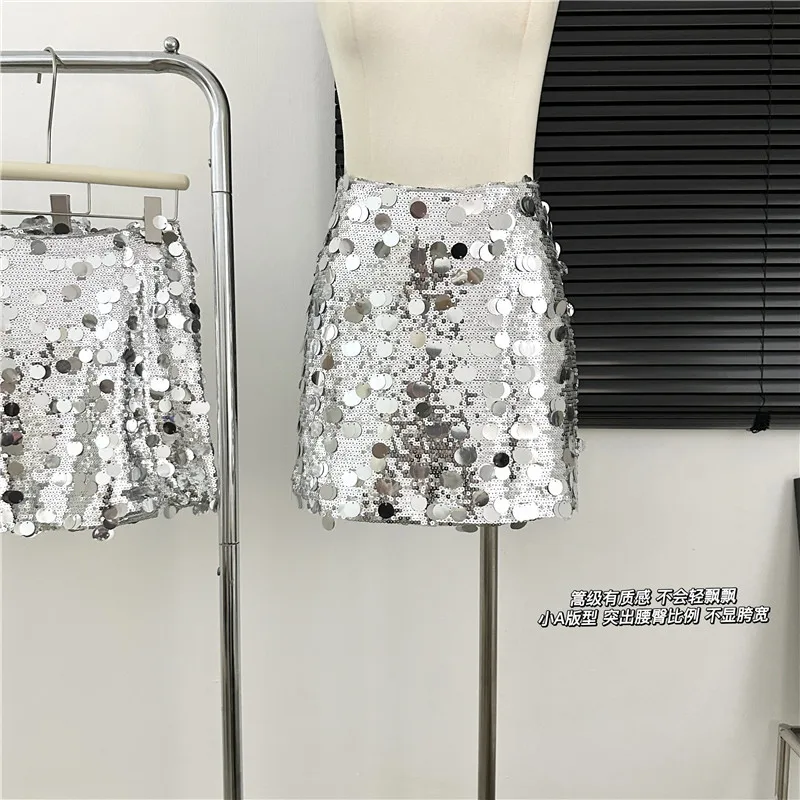 

New 2023 heavy sequined embroidered A-line skirt high waist fashion Silver-toned sequined skirt