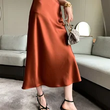 New Women's Elegant Silk Satin Midi Skirt Quality High-waisted Long Skirts for Women Autumn Korean Style Wrap A Line Skirt Maxi