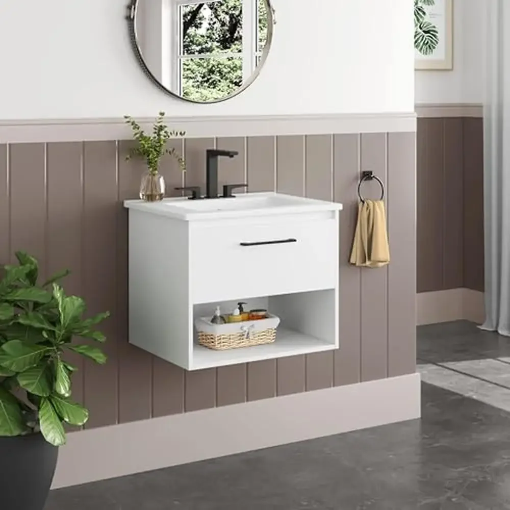 Modern Wall-Mounted Bathroom Vanity with Ceramic Sink and Storage Shelf White Finish