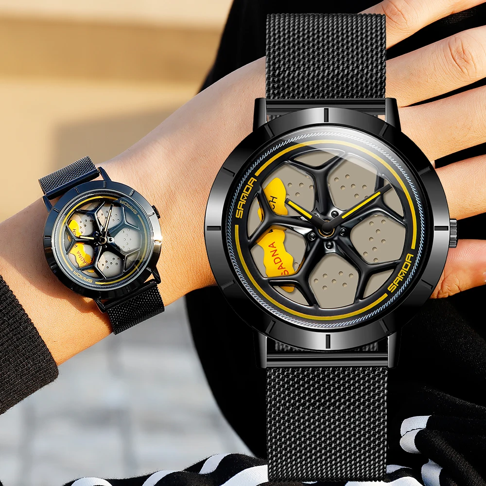 

Men Car Wheel Quartz Wristwatch Fashion Rim Hub Waterproof Sport Watch Stainless Steel Car Wheel Rotating Dial Man Clock Relogio