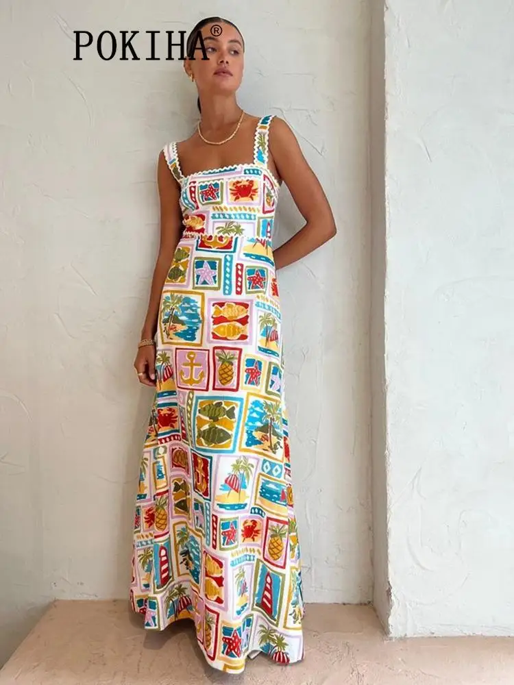 

Fruit Plant Print Holiday Dress Women High Waist Slim Sleeveless Summer Beach A-line Suspended Dress Square Collar Long Robe