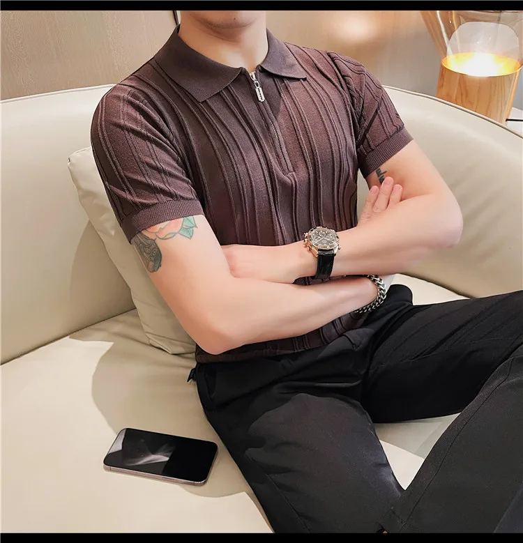 Summer Striped Knitted Polo Shirt for Men Short Sleeve Lapel Knitwear Male Casual Business POLO T-shirts Social Streetwear Tee 27 S8987cff386ea4116bd132a5382085946A